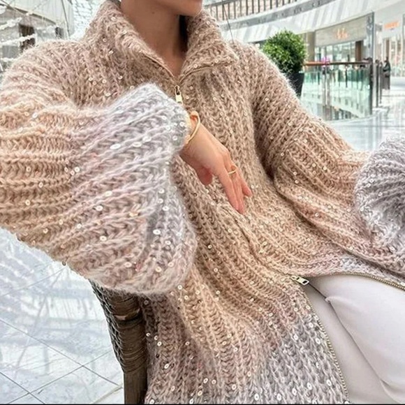Luxurious Chunky Sparkle Zipper Cardigan Sweater in Khaki - Picture 3 of 7